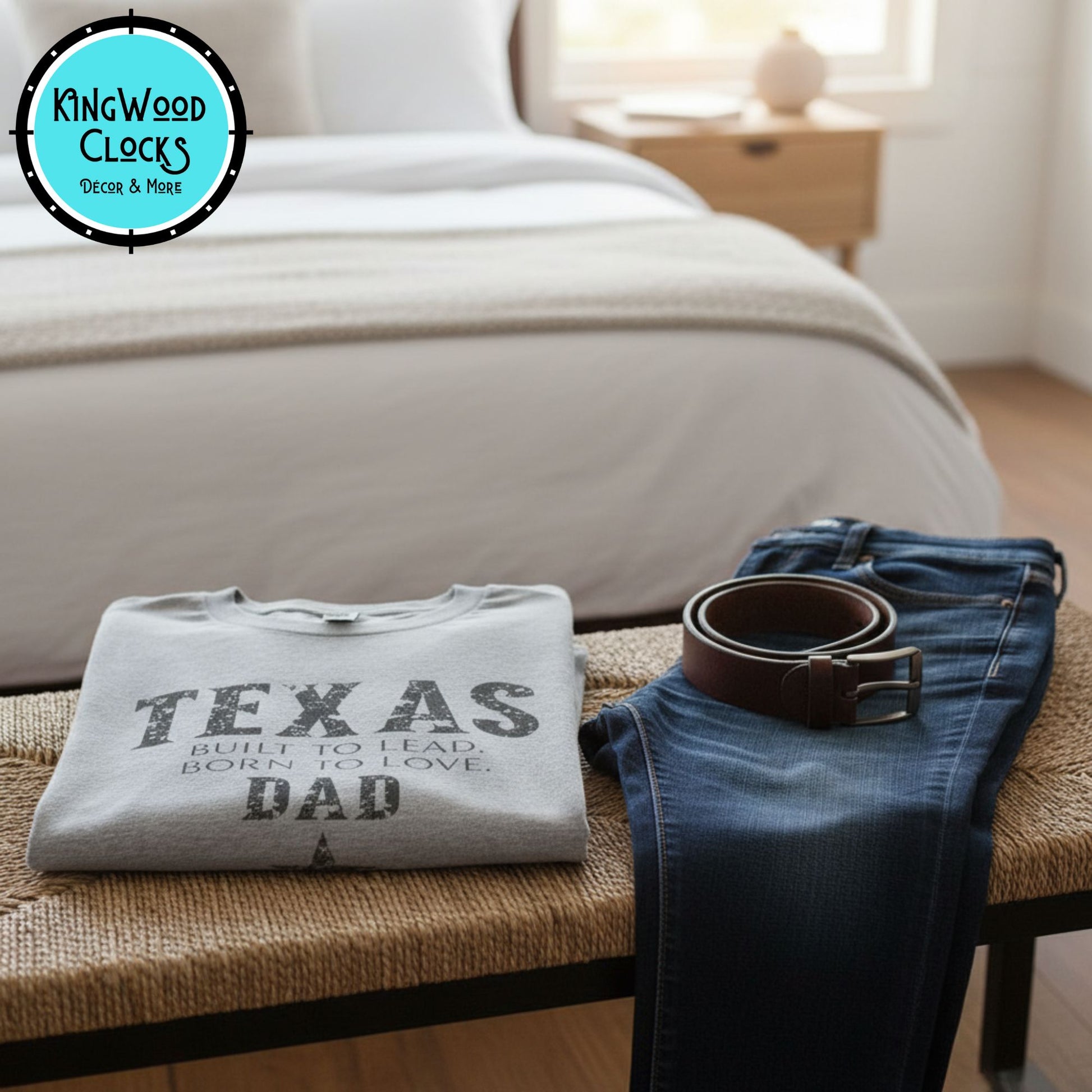 Gray sweatshirt with 'Texas Dad' text on a wooden bench in a bedroom.