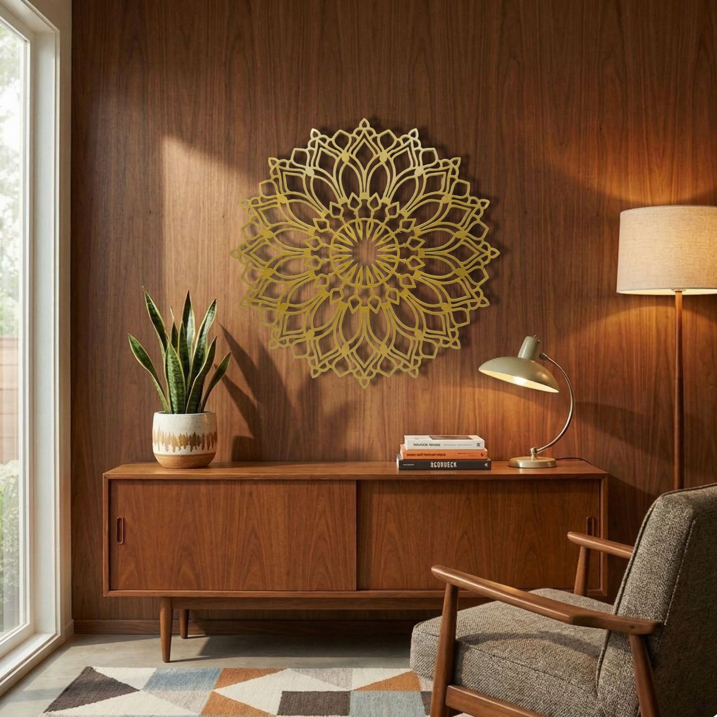 Living room with wooden sideboard, armchair, and decorative wall art.