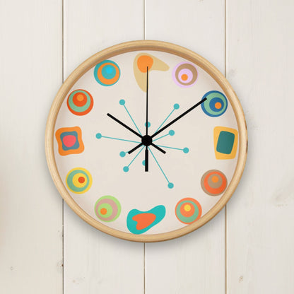 Mid Century Modern Abstract Wall Clock, Unique Retro Style kitchen Decor, Vintage 1950s Starburst, MCM Colorful Round Wooden Sunburst Art