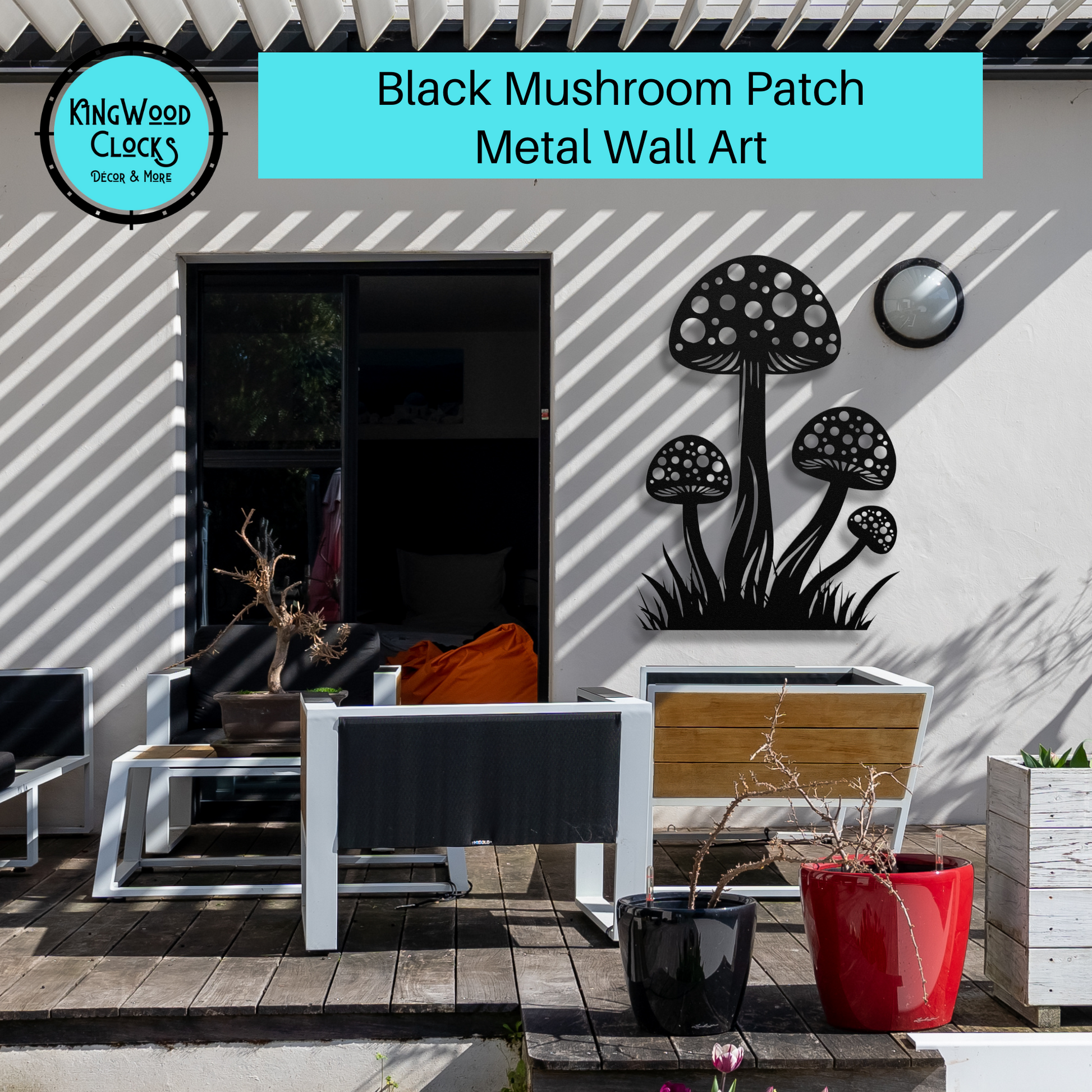 Mushroom patch Metal Wall Art, Toadstool Boho Wall Hanging, Earthy Living, Fungus Room Decor, Psychedelic Mushroom Garden, Mycelium Nerd black outside patio