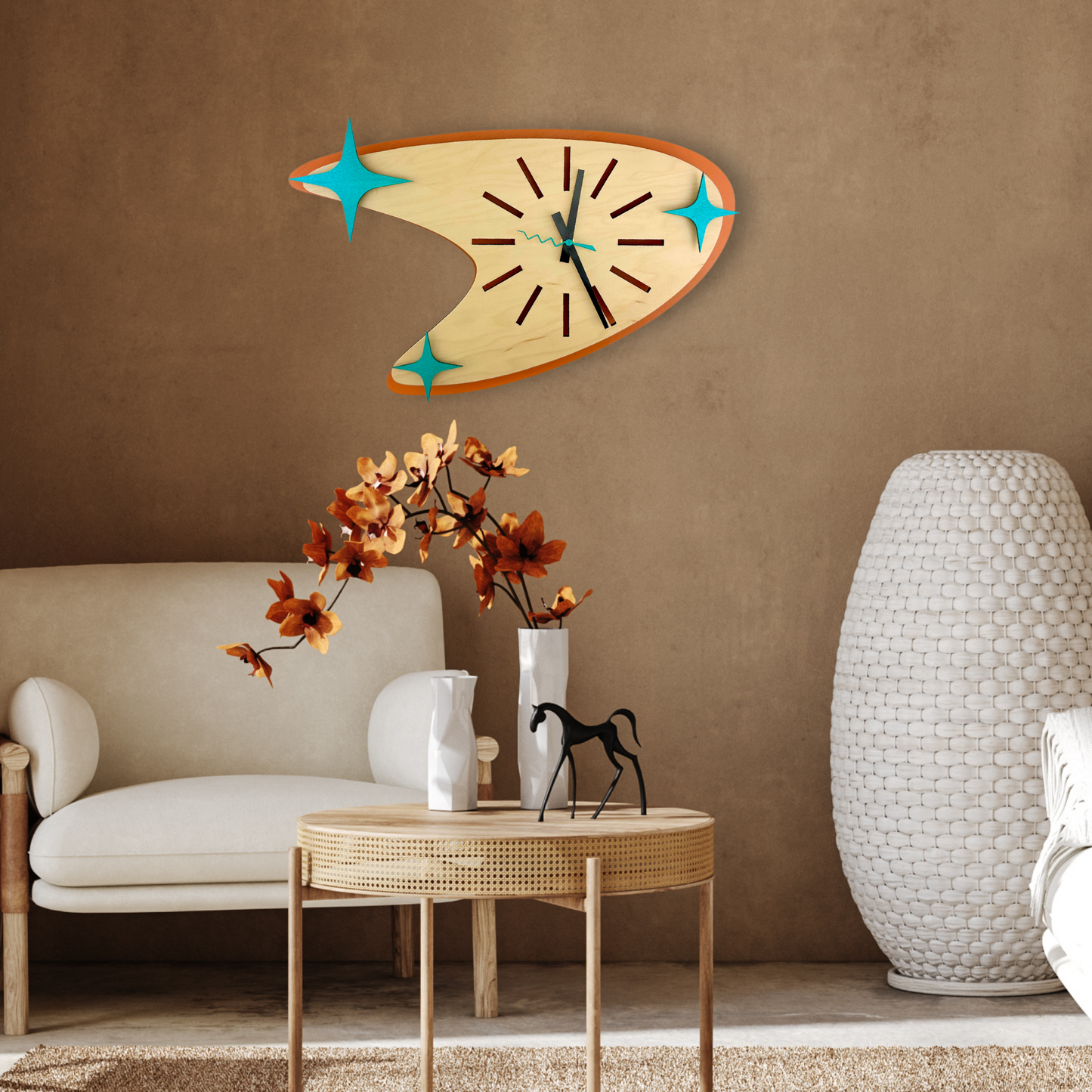 Mid Century Modern Boomerang Clock, orange and maple