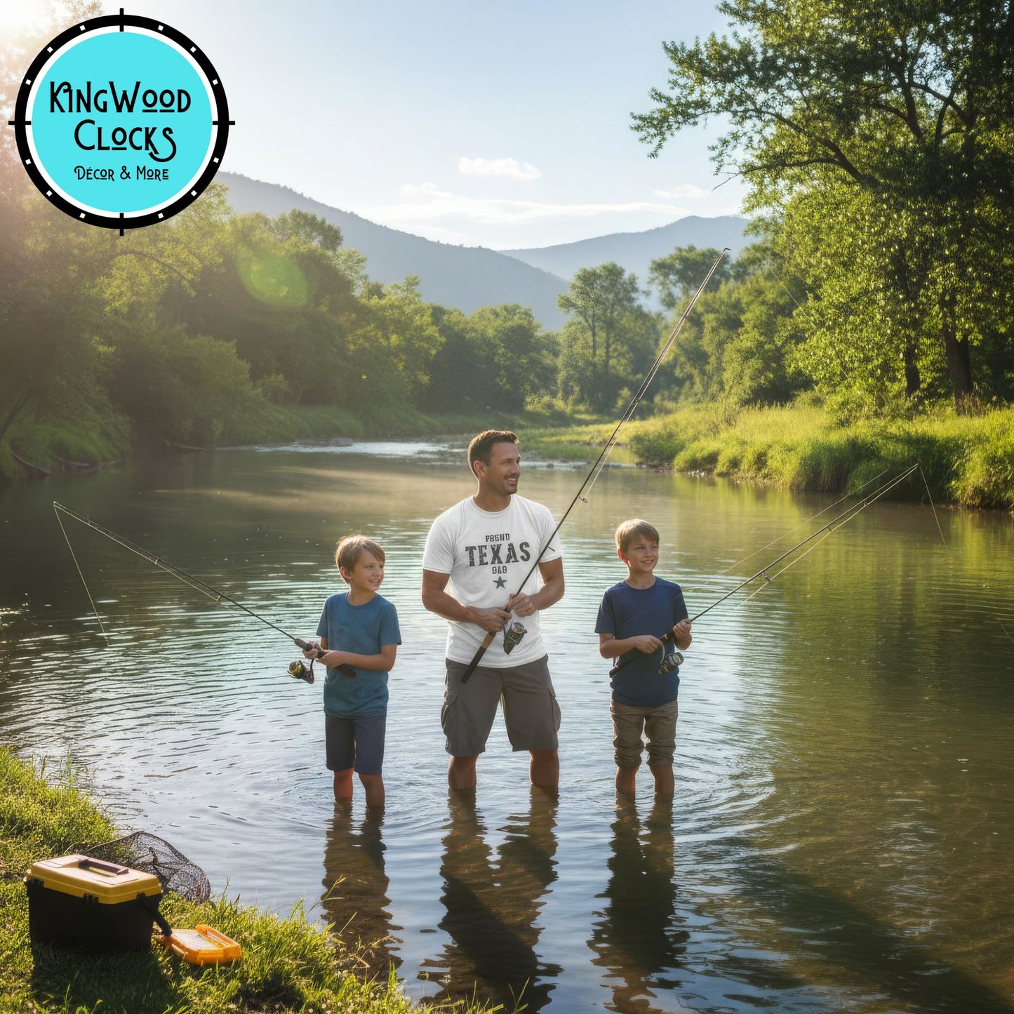 Man and two boys fishing in a river with Kingwood Clocks logo in the corner.