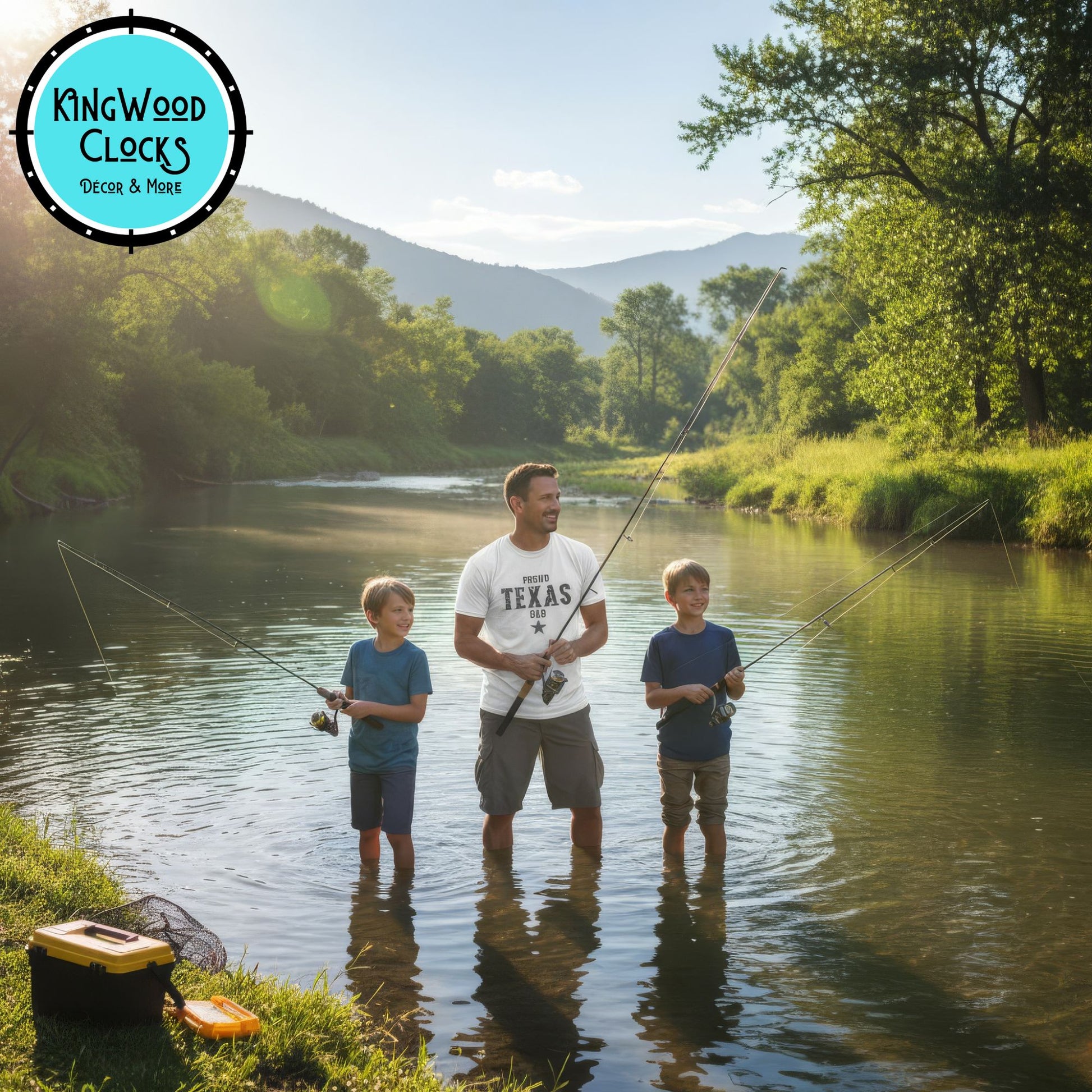 Man and two boys fishing in a river with Kingwood Clocks logo in the corner.