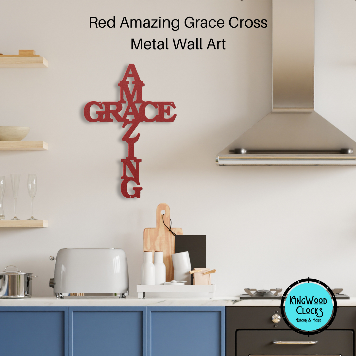 Amazing Grace Cross Metal Wall Art red in kitchen space