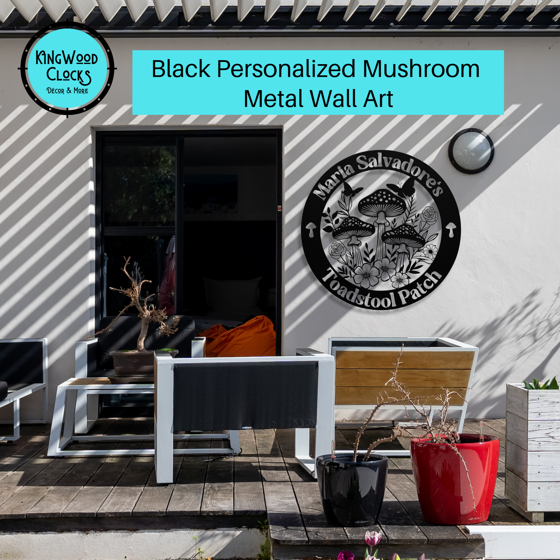 Personalized Mushroom Metal Wall Art black outside porch