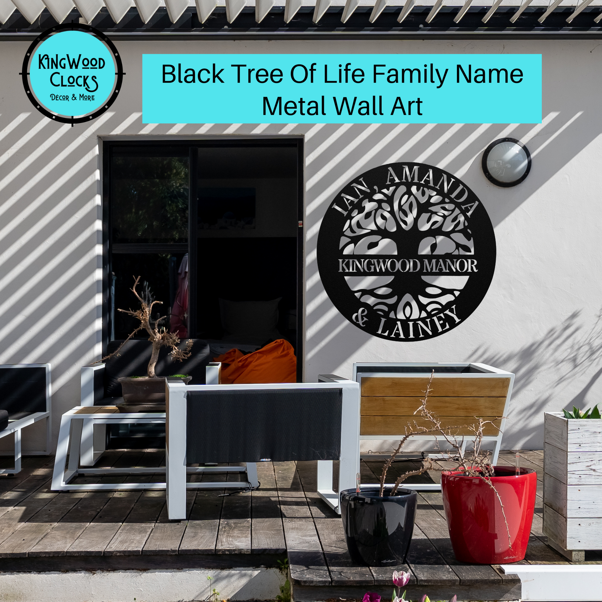 Tree Of Life Family Name Personalized Metal Wall Art black outside