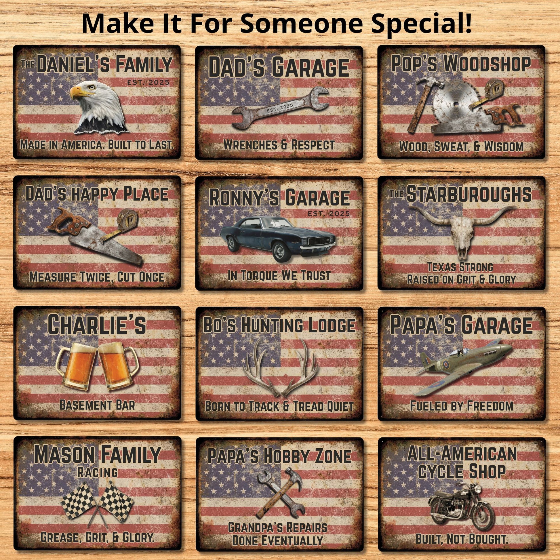 Collection of personalized American flag-themed metal signs on a wooden surface.