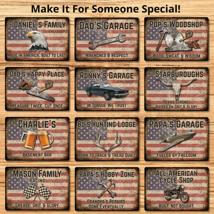 Collection of personalized American flag-themed metal signs on a wooden surface.
