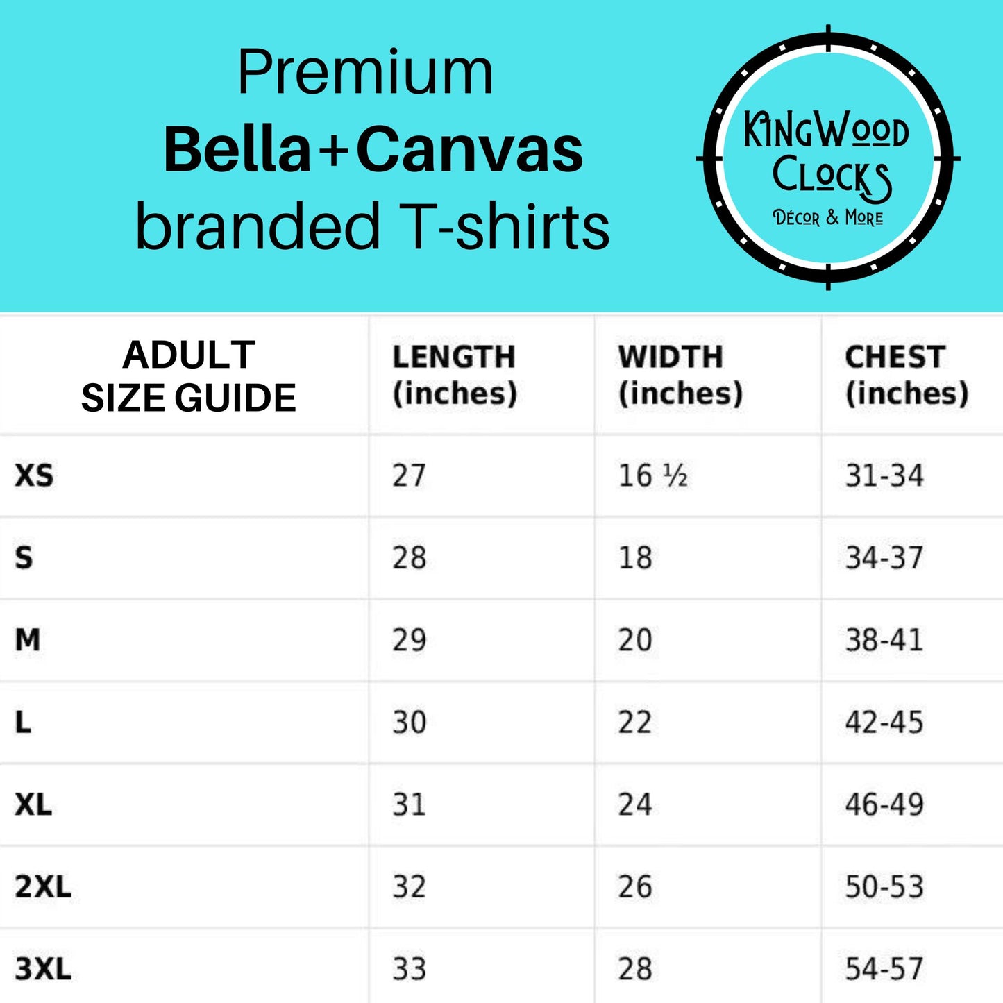 Size guide for Premium Bella+Canvas branded T-shirts with Kingwood Clocks logo.