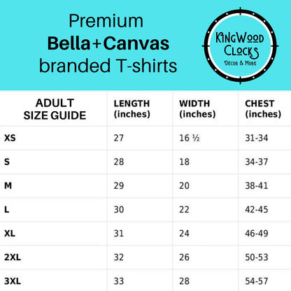 Size guide for Premium Bella+Canvas branded T-shirts with Kingwood Clocks logo.
