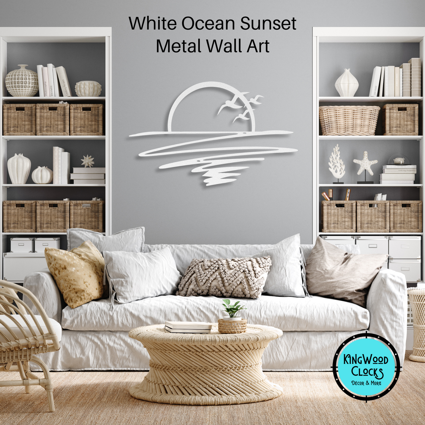Ocean Sunset On Horizon Metal Wall Art, Beach Home Minimalist Wall Hanging, Modern Sunburst Decor, Housewarming Destination Gift, Seagulls