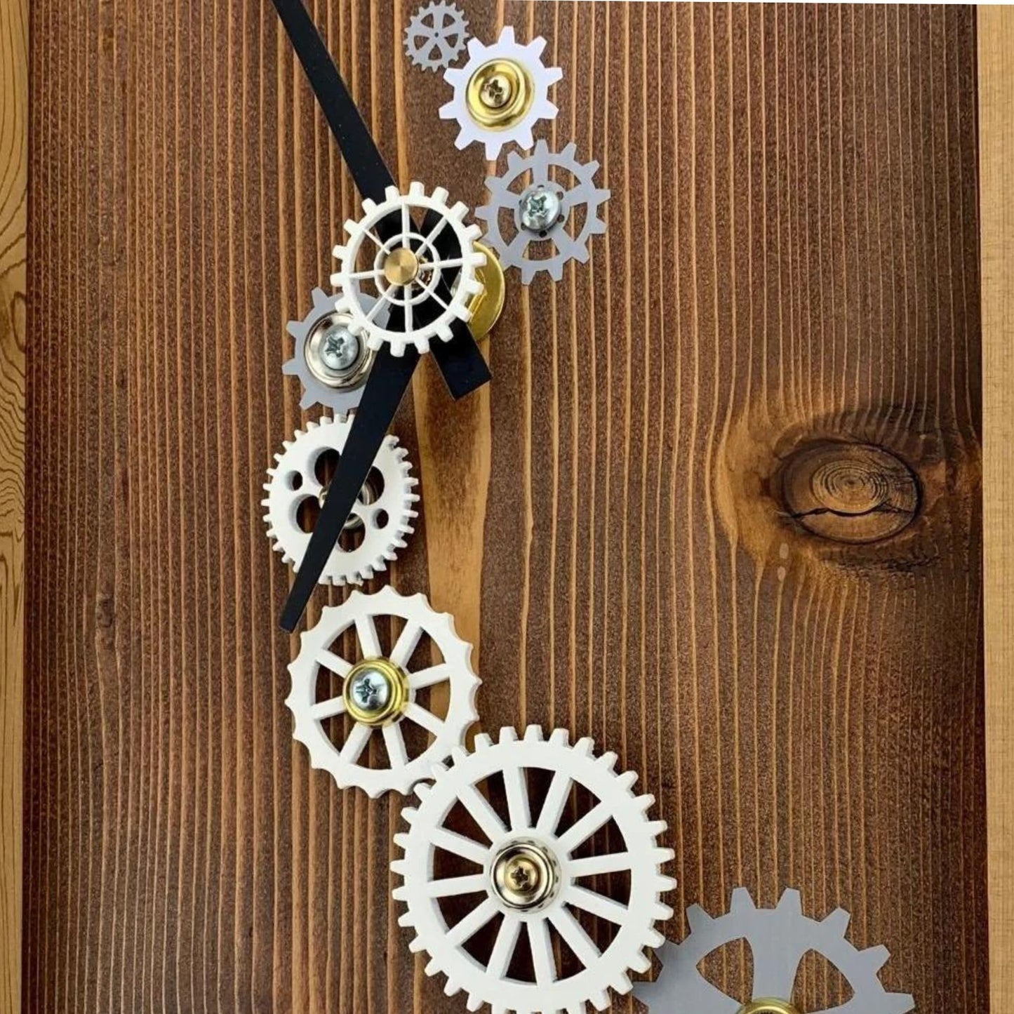 Pendulum Wall Clock w/ Gears, Cedar Wood Wall Art, Silver & White Clock Gears Decoration, Long Hallway Wooden Decor, Fifth Anniversary Gift 