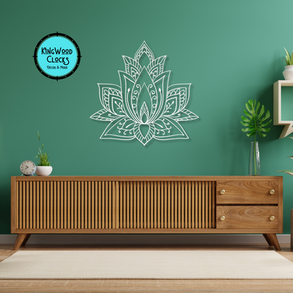 Lotus Flower Mandala Metal Wall Art, Lotus Flower Line Art, Large Living Room Artwork, Mandala Wall Hanging Decor, Spiritual Wiccan Style on green wall