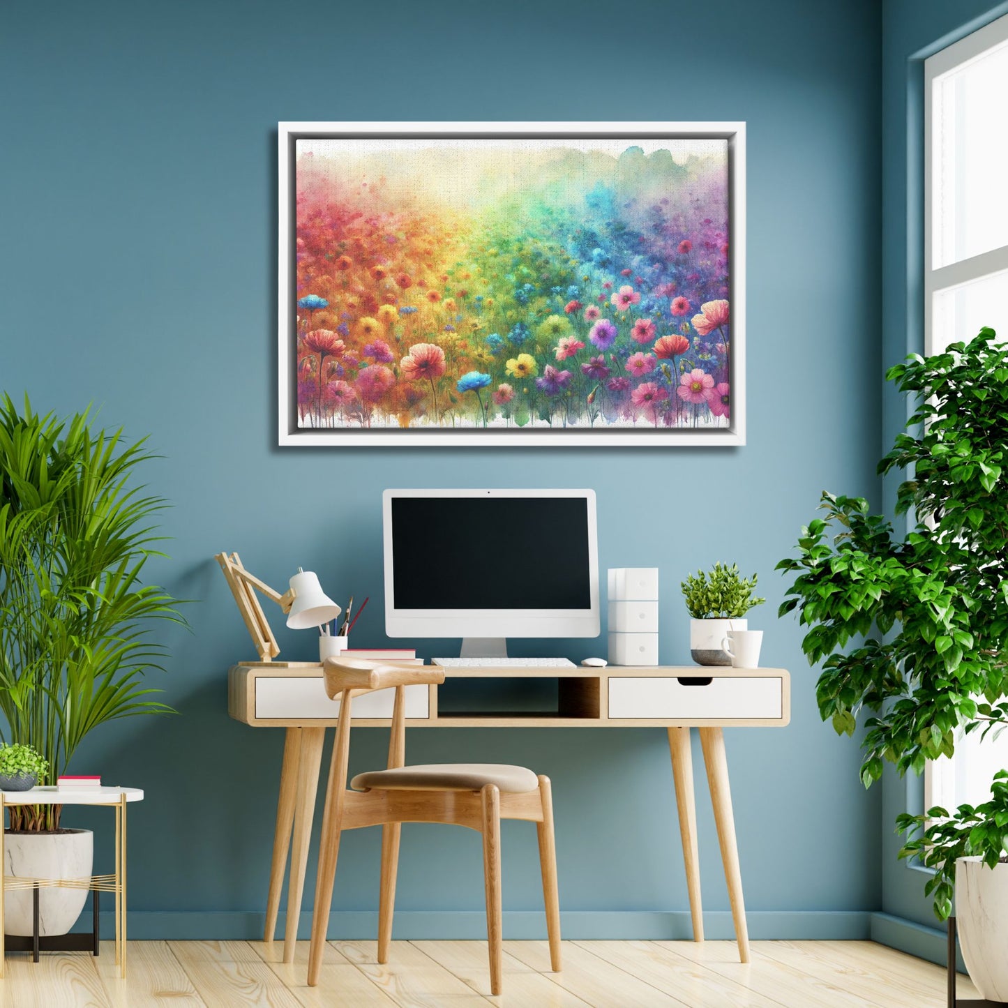 Rainbow Watercolor Wildflower Framed Canvas, Multicolor Flower Field Landscape Hanging Art, Unique Colorful Floral Picture Gift Nature Lover