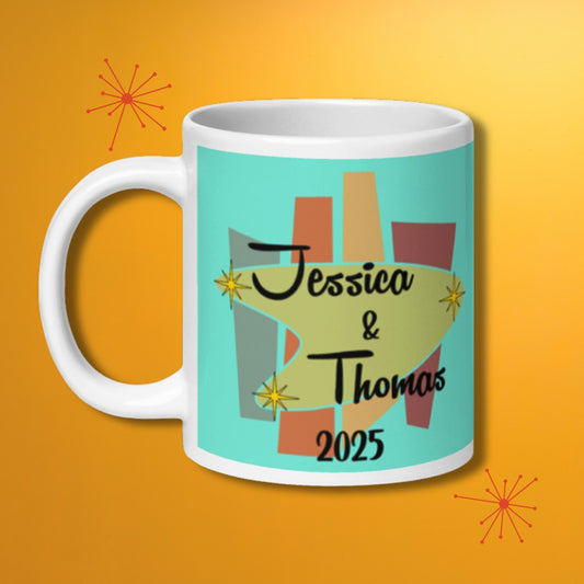 Custom Mid Century Modern Coffee Mug with couples name and date