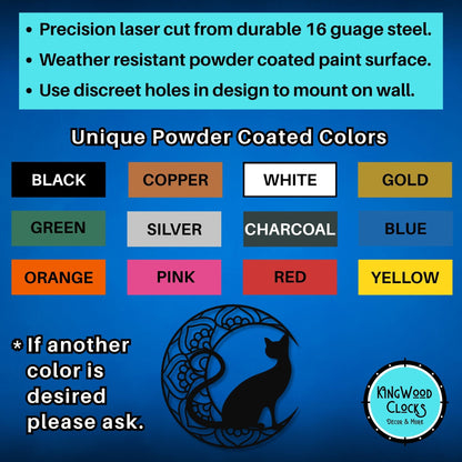 Color chart for powder-coated products with Kingwood Clocks logo on a blue background