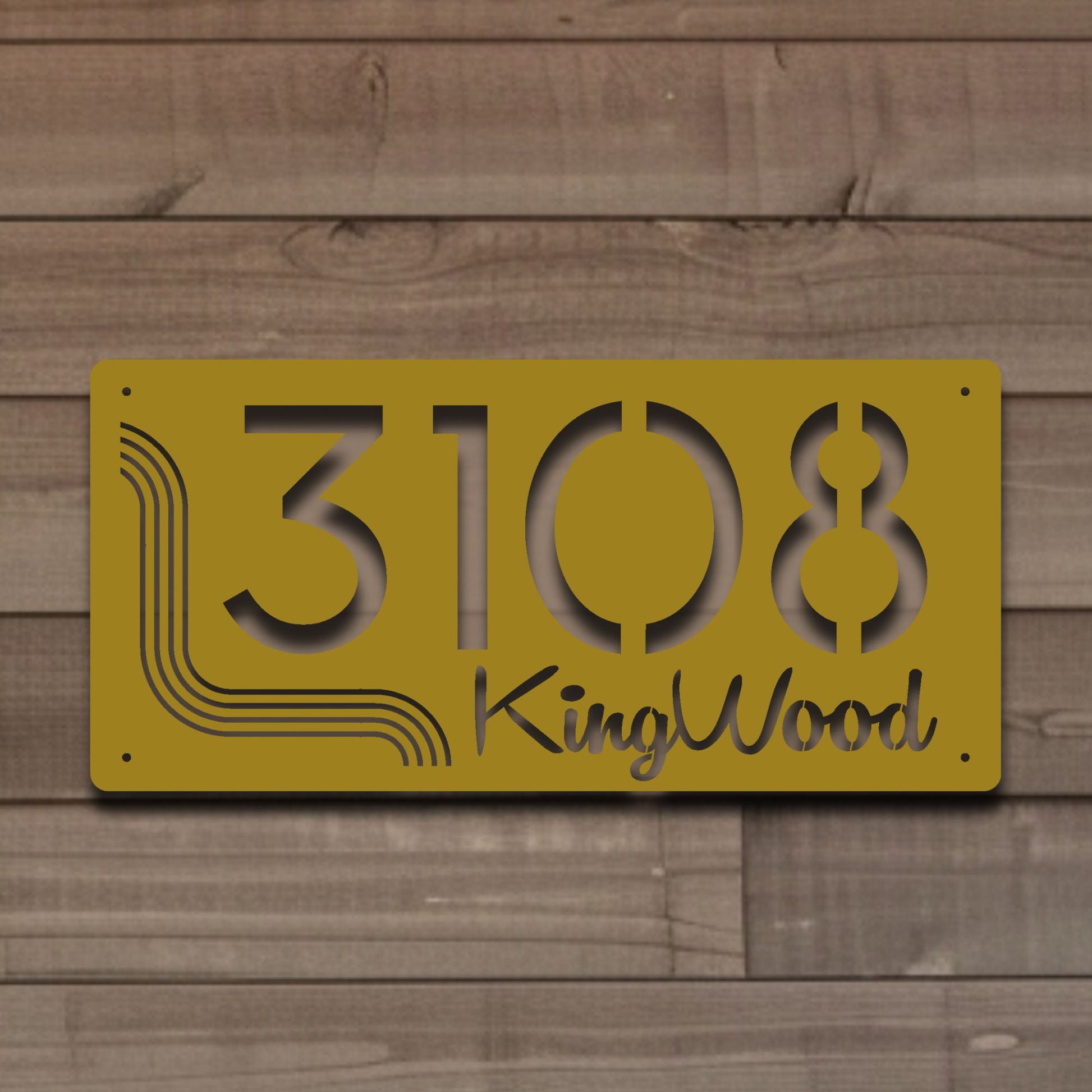 Metal Address Sign, Horizontal Mid Century Stripe  in gold on wood siding