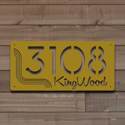 Metal Address Sign, Horizontal Mid Century Stripe  in gold on wood siding