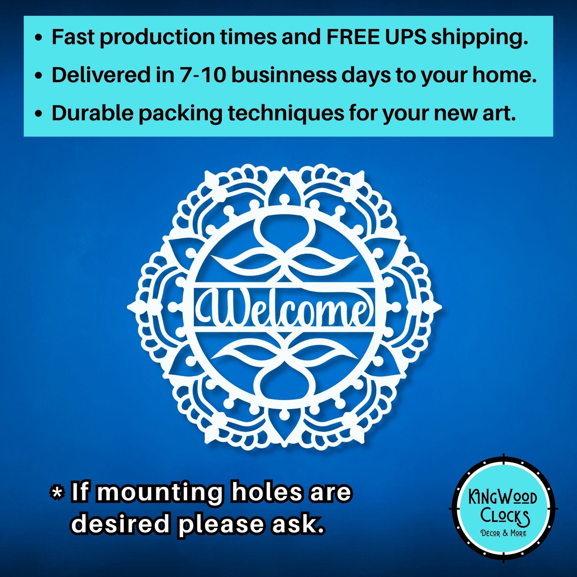 Decorative 'Welcome' design with text about production times, shipping, and packaging on a blue background.