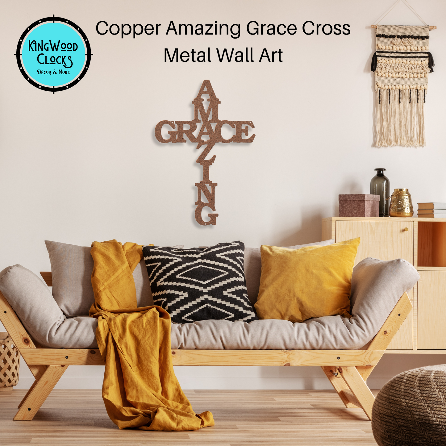 Amazing Grace Cross Metal Wall Art copper in living room over couch