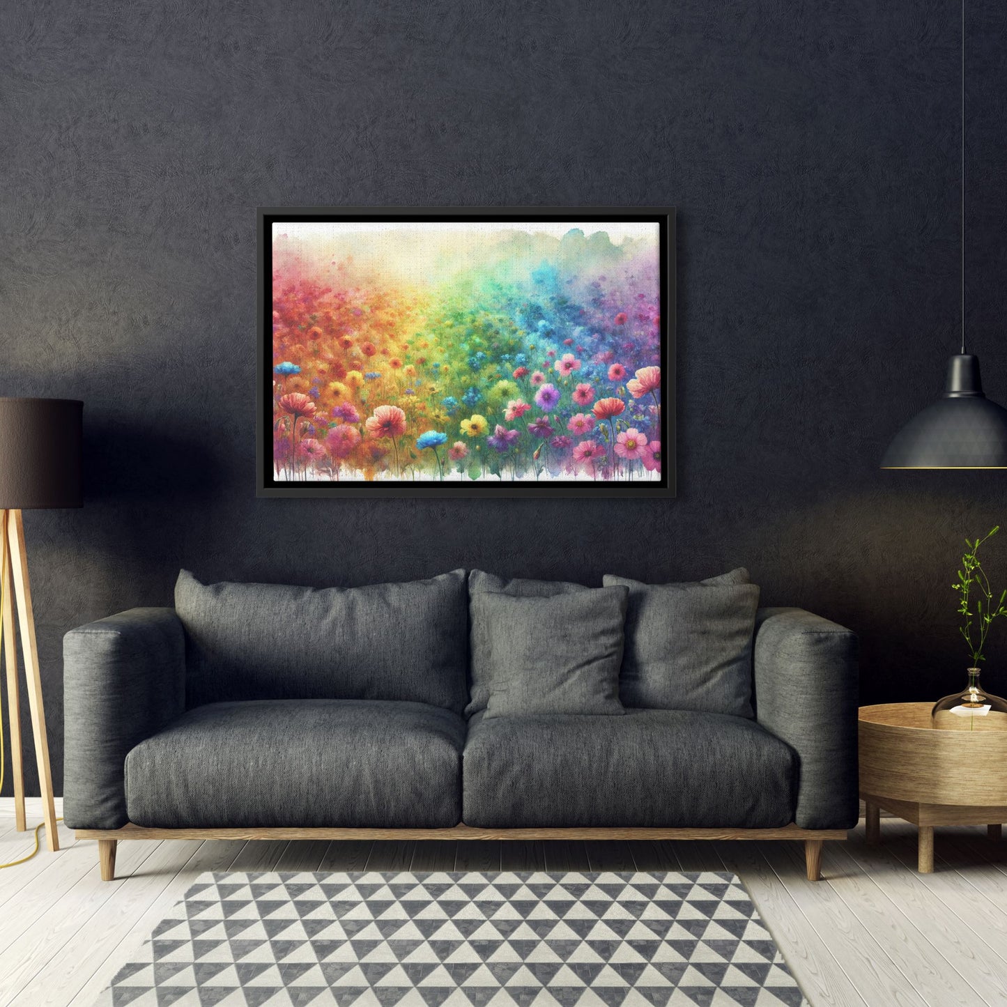 Rainbow Watercolor Wildflower Framed Canvas, Multicolor Flower Field Landscape Hanging Art, Unique Colorful Floral Picture Gift Nature Lover