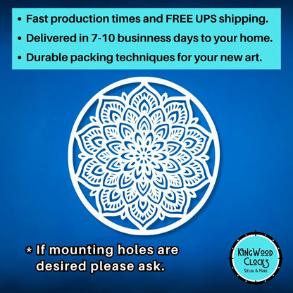 Decorative mandala design on a blue background with promotional text and Kingwood Clocks logo.