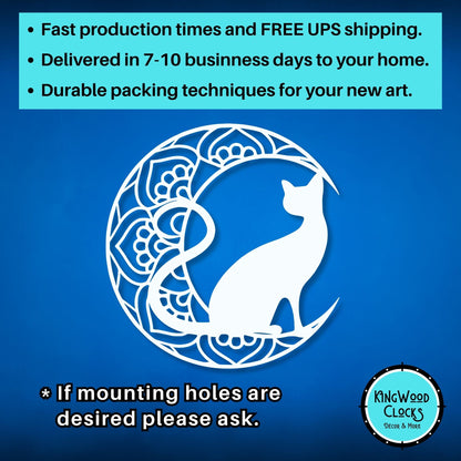 Decorative cat design with text about production times, shipping, and packaging on a blue background.