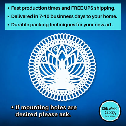 Decorative clock design with text about production times, shipping, and packaging on a blue background.