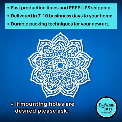 Decorative white mandala design on a blue background with promotional text and Kingwood Clocks logo.