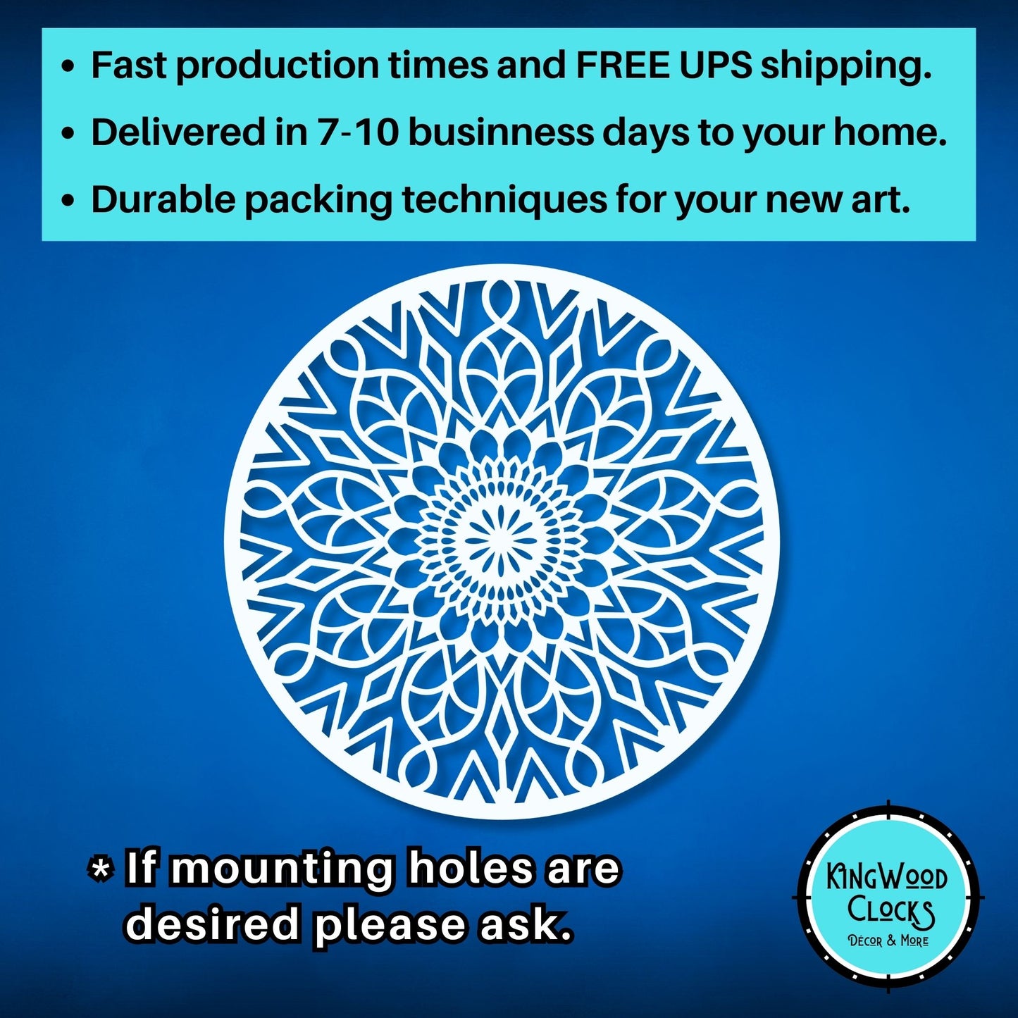 Decorative mandala design on a blue background with promotional text and Kingwood Clocks logo.