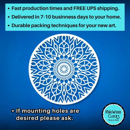 Decorative mandala design on a blue background with promotional text and Kingwood Clocks logo.