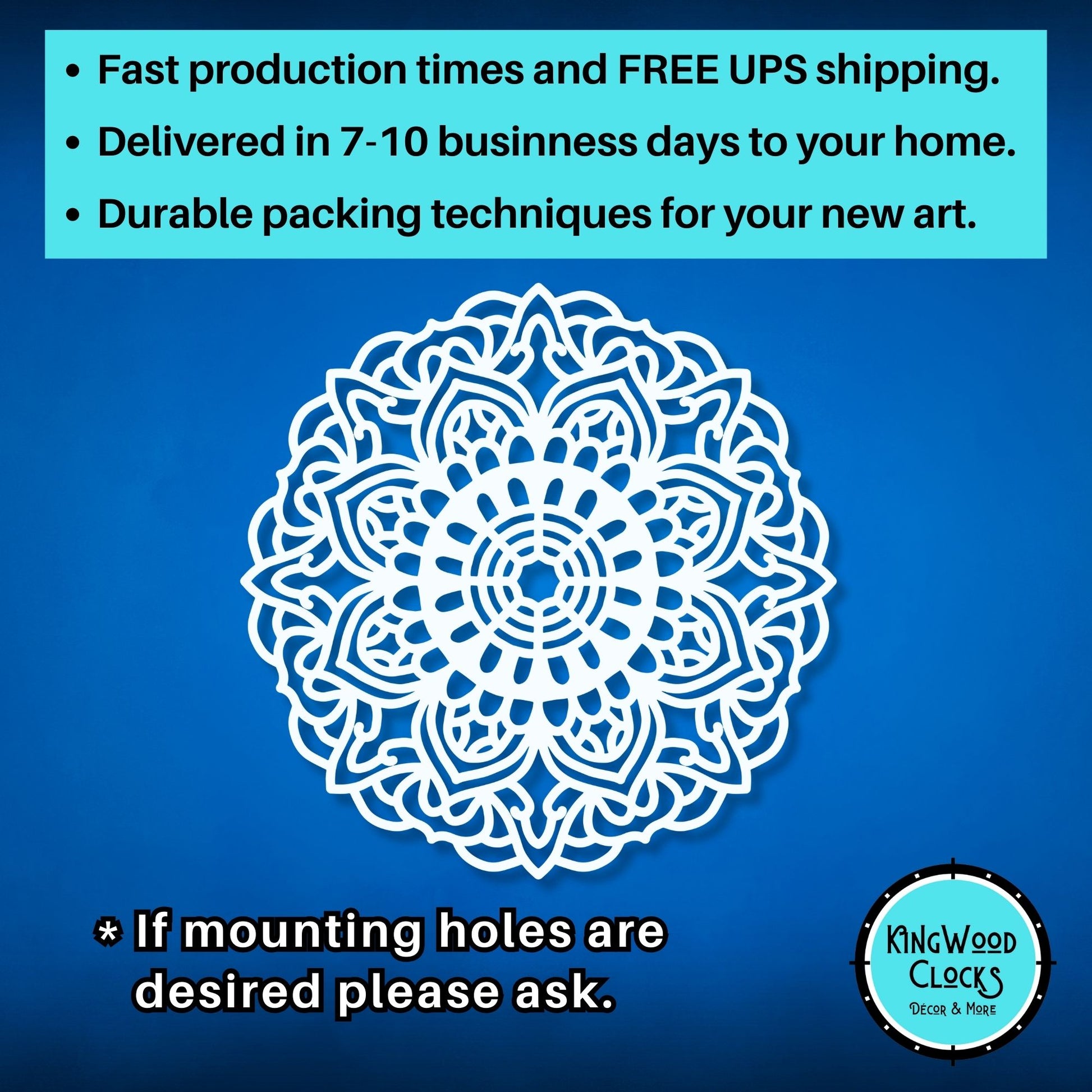 Decorative white mandala design on a blue background with promotional text and Kingwood Clocks logo.