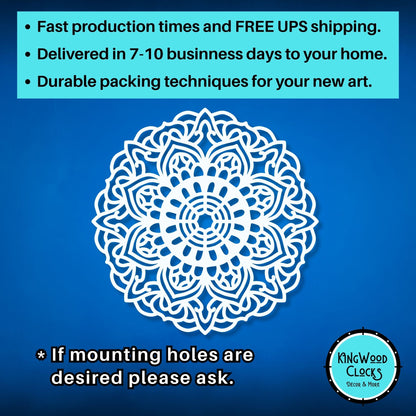 Decorative white mandala design on a blue background with promotional text and Kingwood Clocks logo.