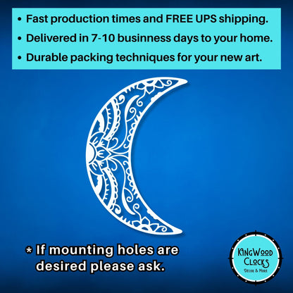 Decorative white crescent moon design on a blue background with promotional text and Kingwood Clocks logo.