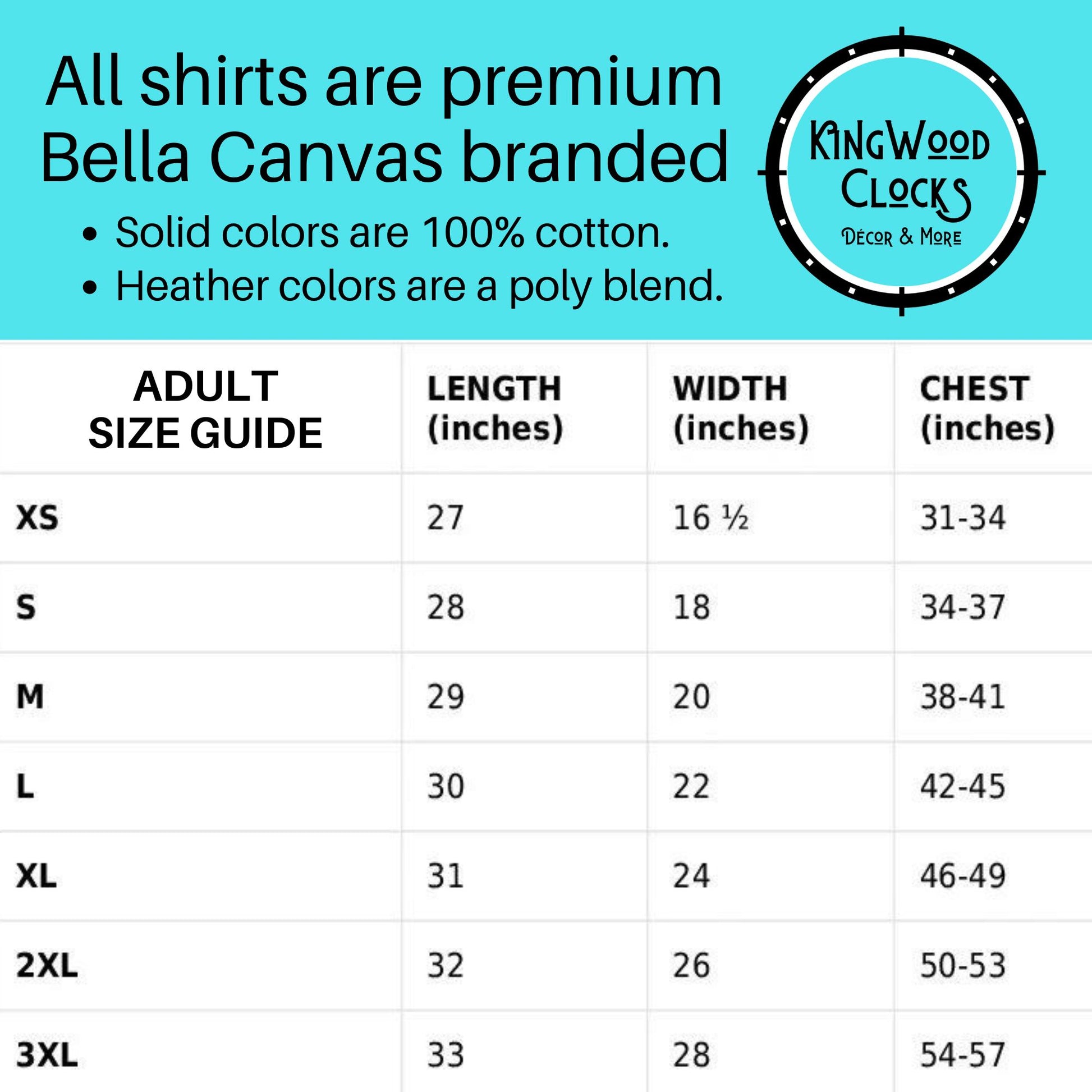 Size guide for Bella Canvas shirts with Kingwood Clocks branding.