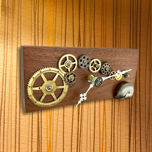 Wooden Wall Clock w/ Brass Gears "Silver Bell", Reclaimed Wood and Metal Wall Art, Small Wall Hanging Art Clock, Unique Decor Gift Idea