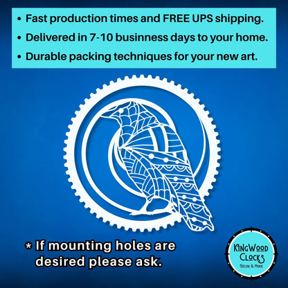 Decorative gear with a dolphin design on a blue background, featuring text about production times and shipping.