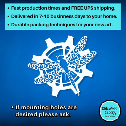 Decorative cutout of a dragonfly and gear on a blue background with promotional text and Kingwood Clocks logo.