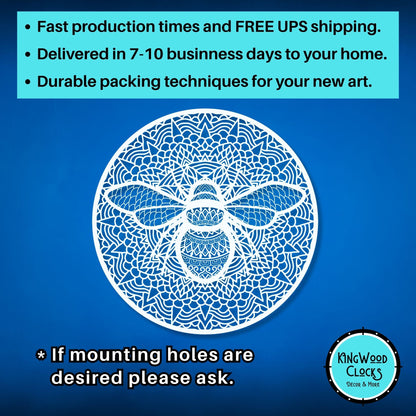 Decorative bee design on a blue background with promotional text and Kingwood Clocks logo.