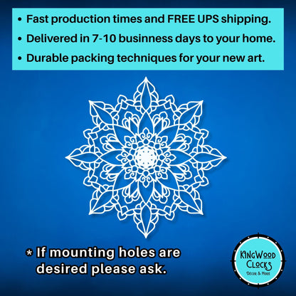 Decorative white mandala design on a blue background with promotional text and Kingwood Clocks logo.