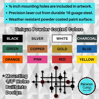 Color chart for powder-coated metal products with Kingwood Clocks logo.