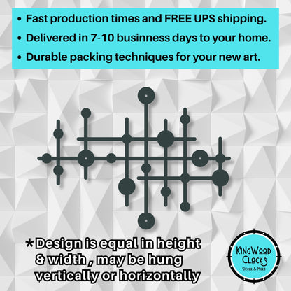 Decorative wall clock with geometric design on a gray geometric patterned background, featuring text about fast production times and free UPS shipping.