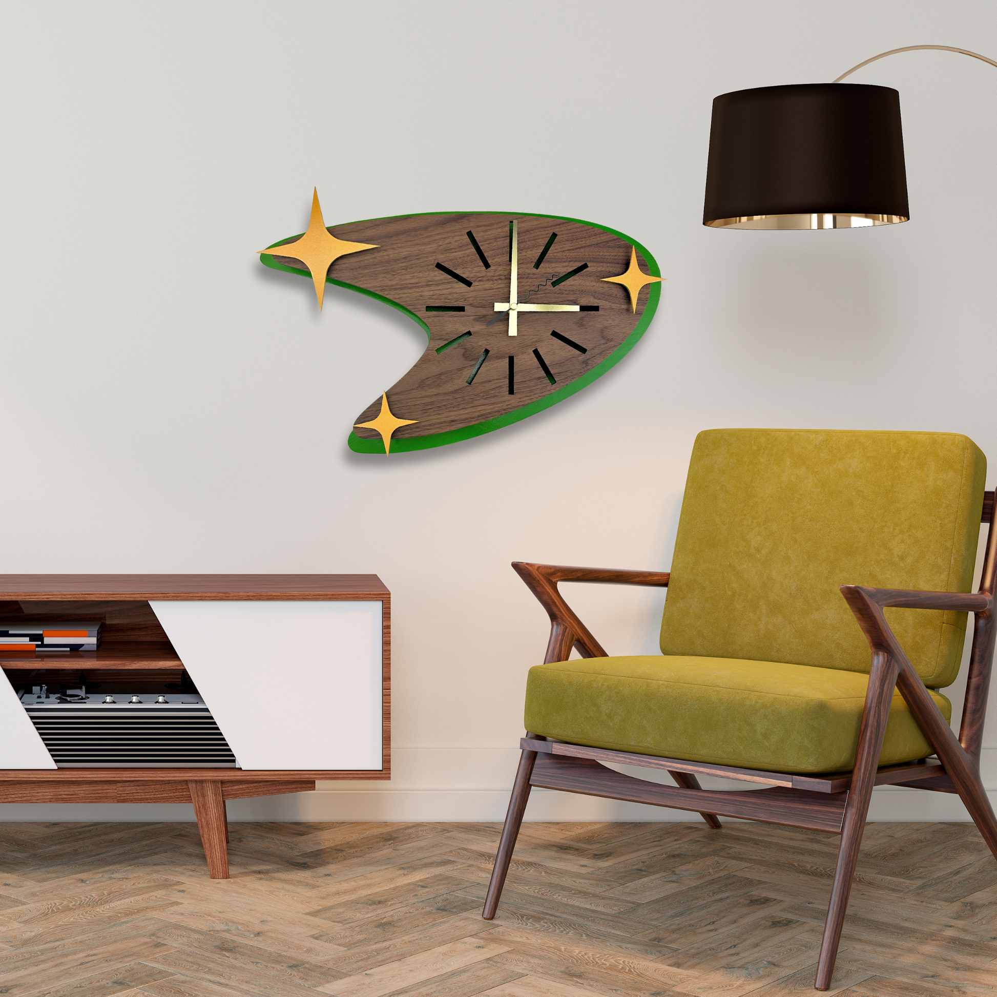 Mid Century Modern Boomerang Clock, green and walnut