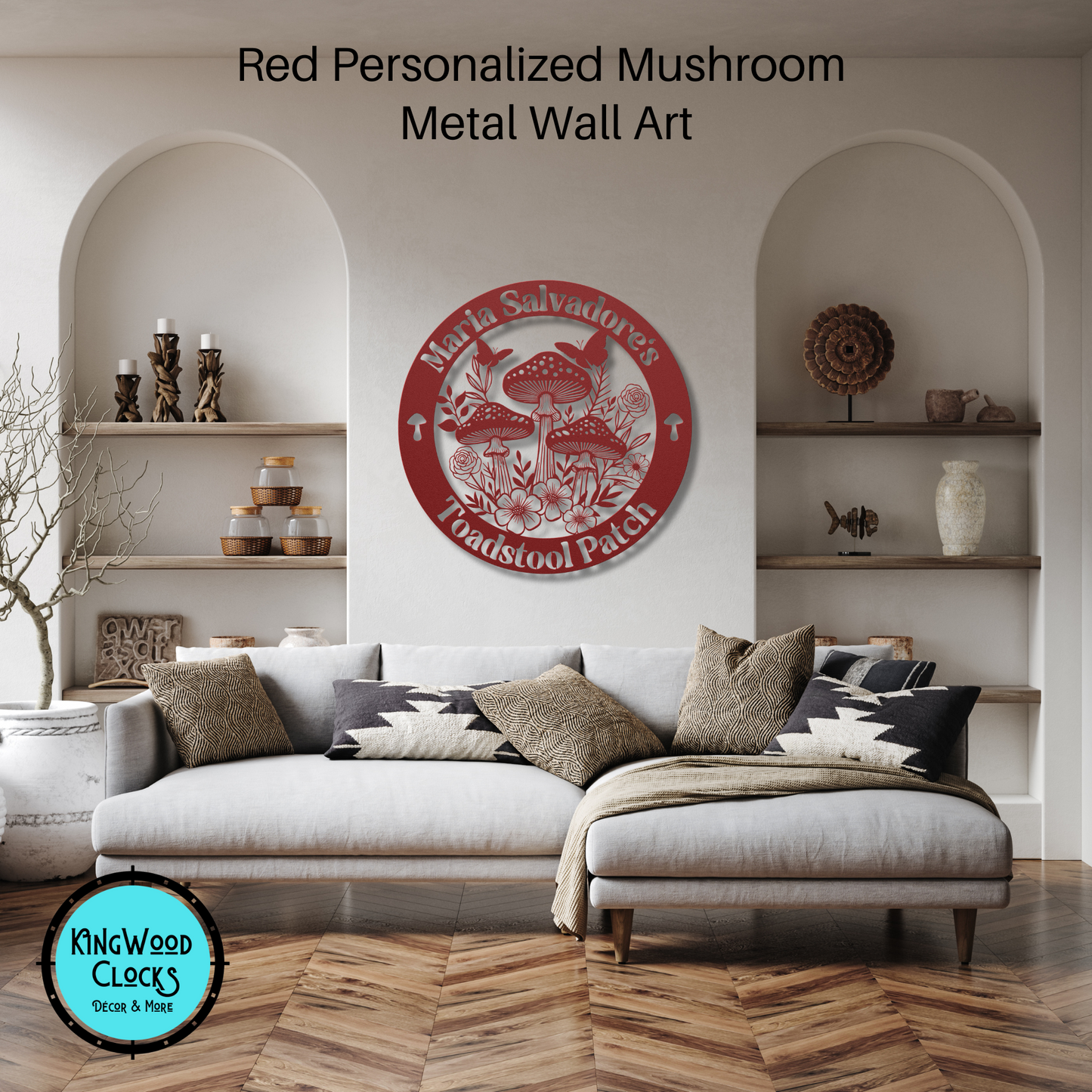 Personalized Mushroom Metal Wall Art red over couch in family room