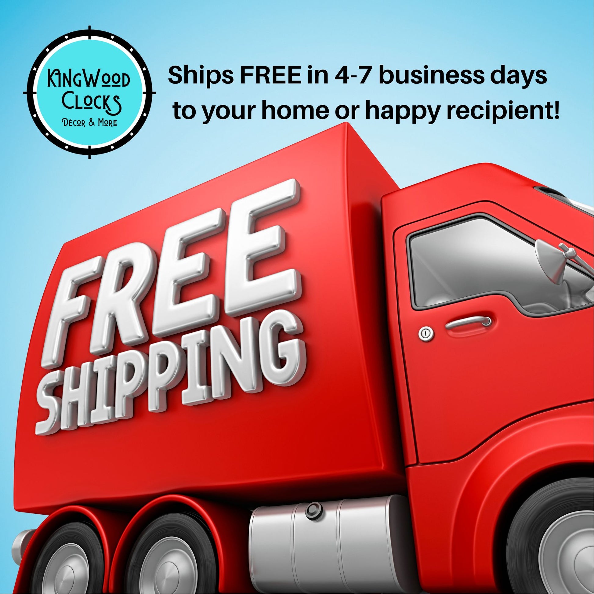 Red delivery truck with 'FREE SHIPPING' text on a blue background, featuring KingWood Clocks logo.