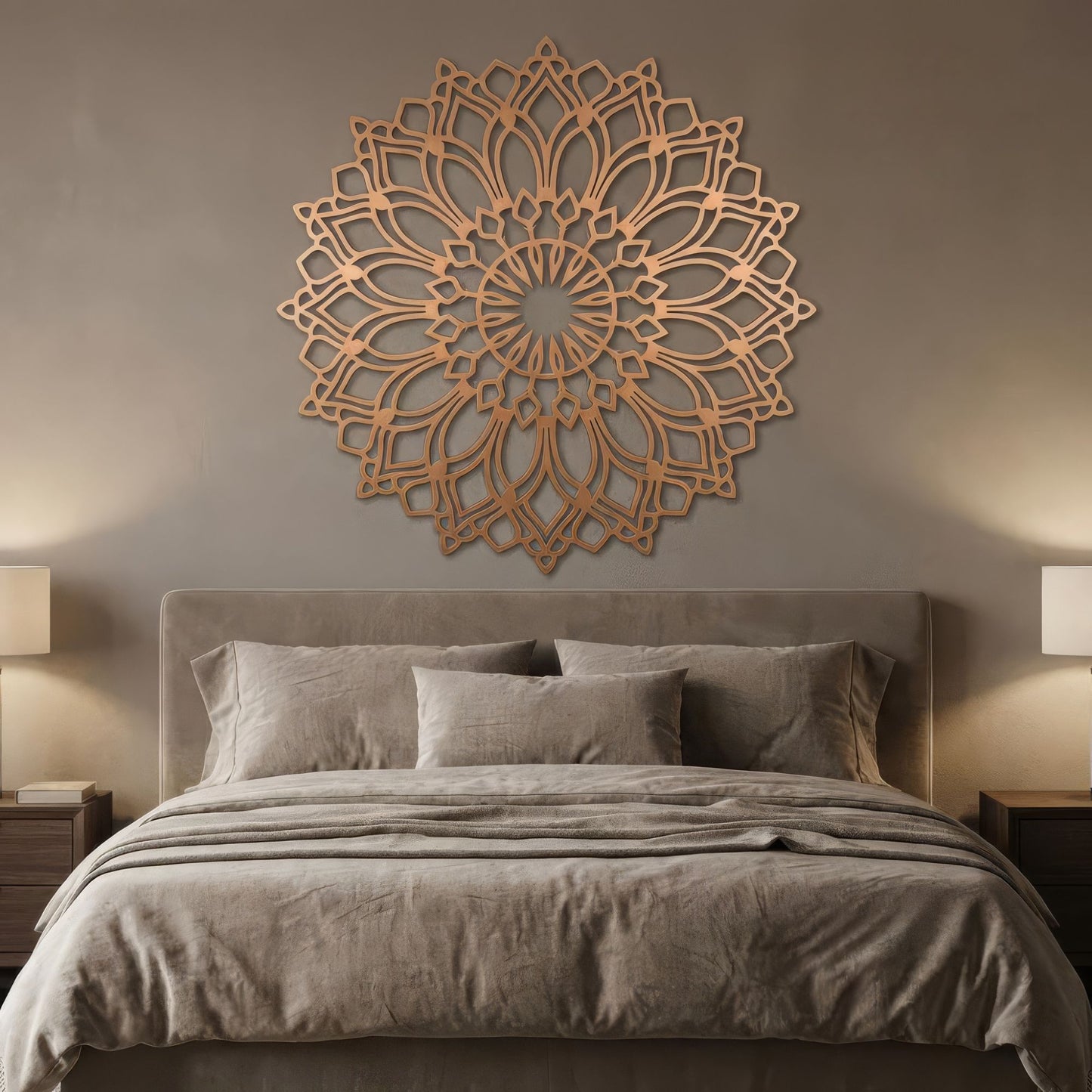 Decorative wall art above a bed in a bedroom setting