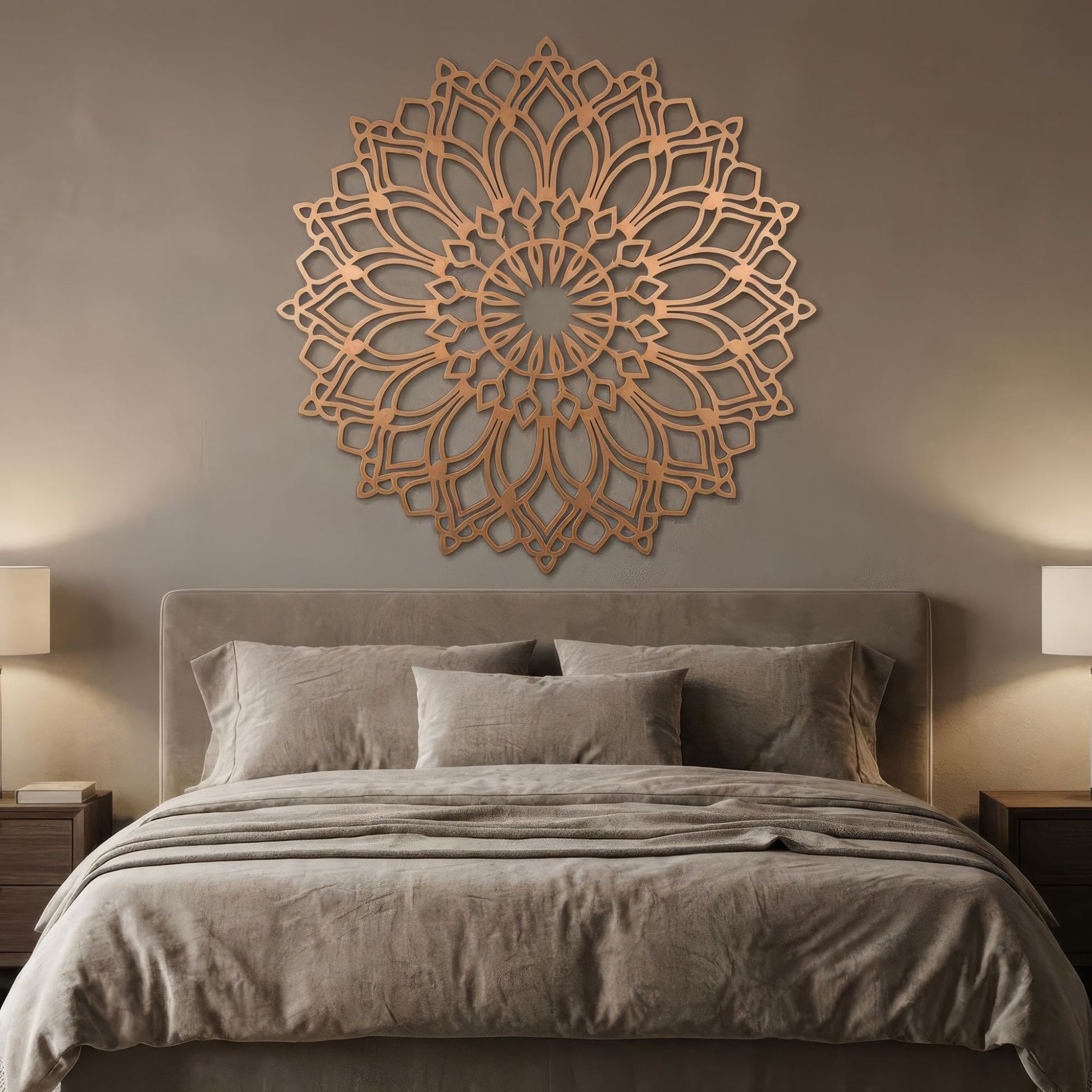 Decorative wall art above a bed in a bedroom setting