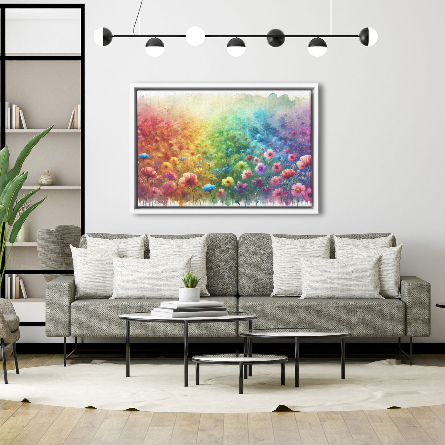 Rainbow Watercolor Wildflower Framed Canvas, Multicolor Flower Field Landscape Hanging Art, Unique Colorful Floral Picture Gift Nature Lover