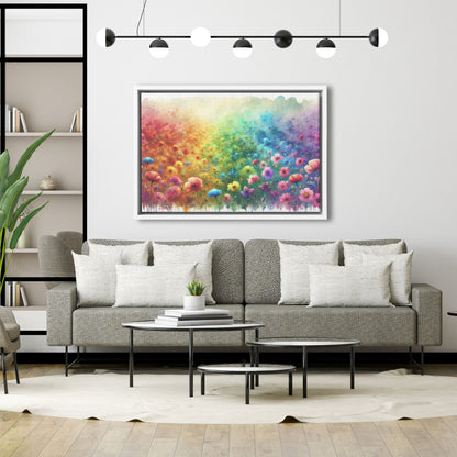 Rainbow Watercolor Wildflower Framed Canvas, Multicolor Flower Field Landscape Hanging Art, Unique Colorful Floral Picture Gift Nature Lover