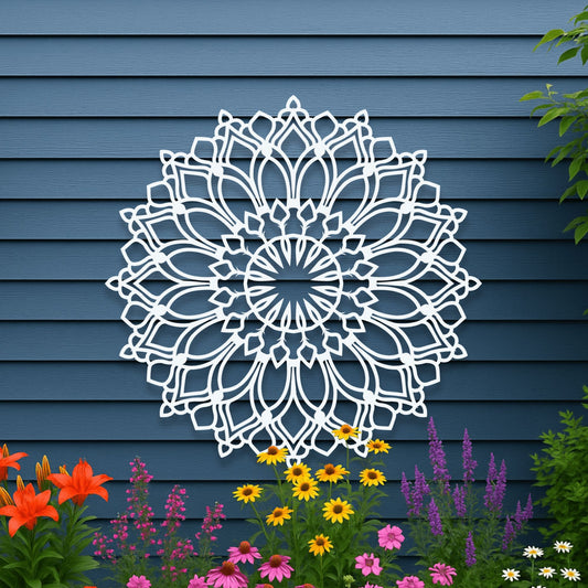 Lotus Flower Mandala Metal Wall Art white hanging in colorful flower garden on blue siding